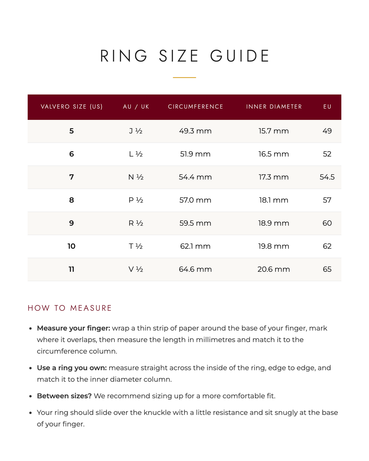 VALVERO ring size guide